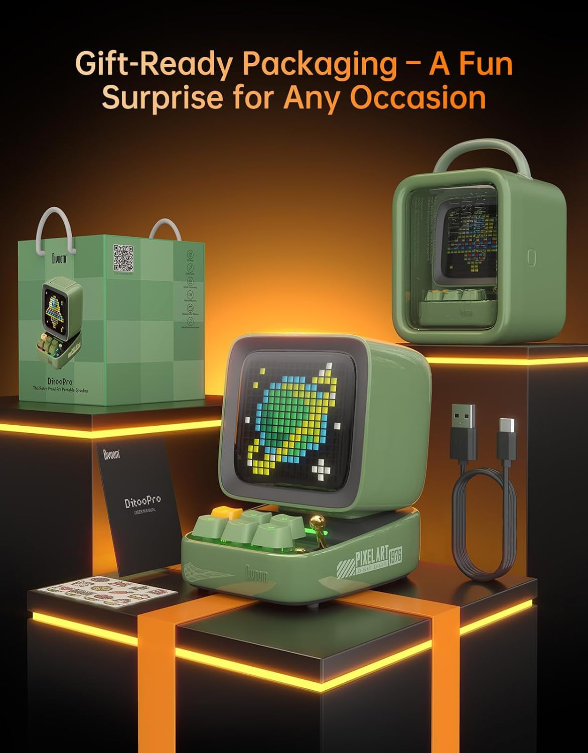 Ditoo Pro Retro Pixel Art Game Bluetooth Speaker with 16X16 LED App Controlled Front Screen (Green)